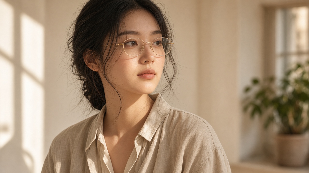 A woman wearing thin gold oval eyeglasses in warm studio light